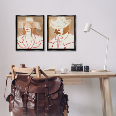 «Stupell Industries Boho Cowgirls in Hats», ensemble de 2 toiles flottantes encadrées par Grace Popp