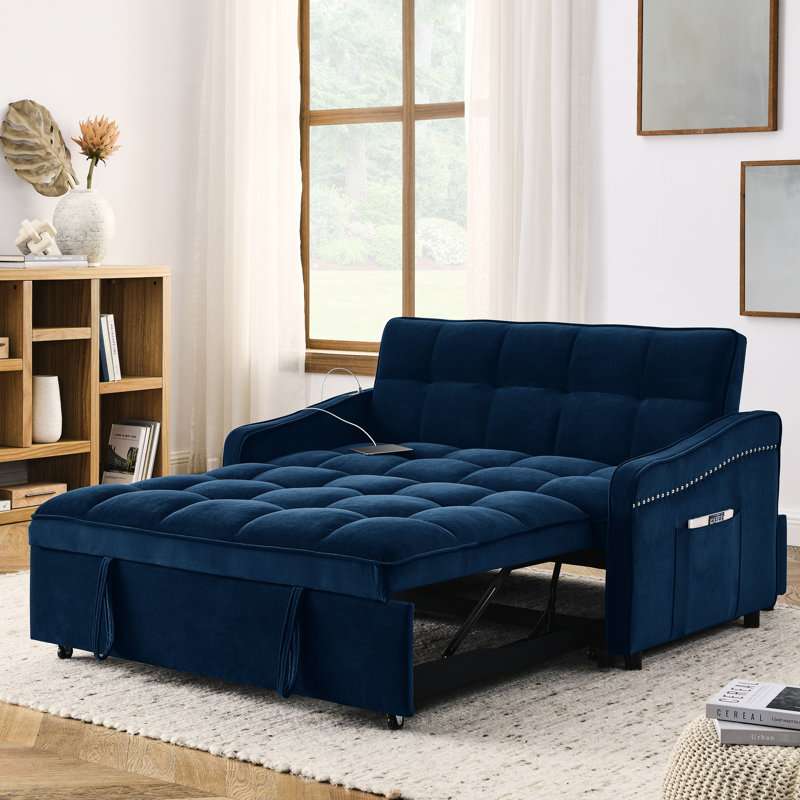 Lit avec lit escamotable, dossier réglable, charge, velours bleu, 2 pour le salon et la chambre à coucher, Bleu