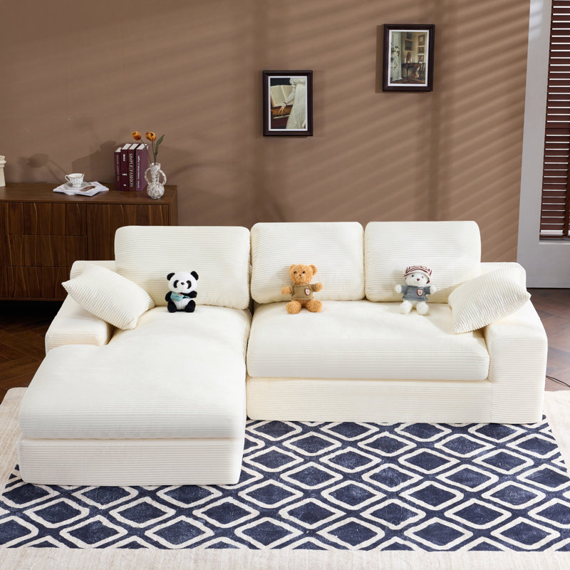 Canapé modulaire en L Corduroy avec 2 coussins et méridienne, Velours côtelé blanc