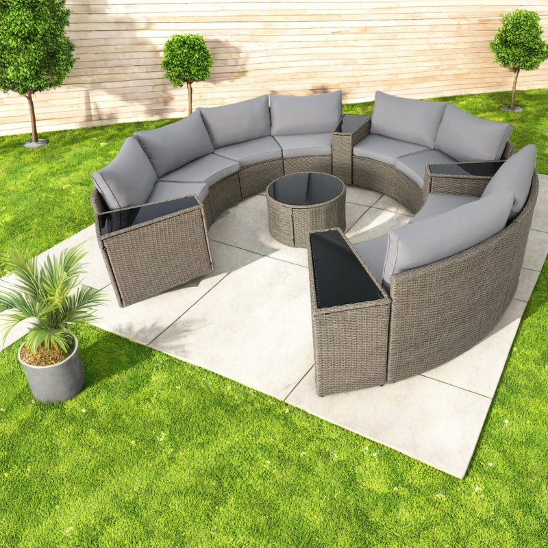 Canapés de patio en rotin durable en demi-lune, gris moderne pour recevoir