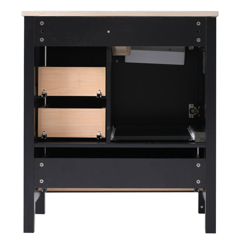 Ensemble de meuble-lavabo noir 30 po avec lavabo, armoire de rangement avec porte à fermeture en douceur, 3 tiroirs à fermeture en douceur et plateau amovible, structure en bois massif