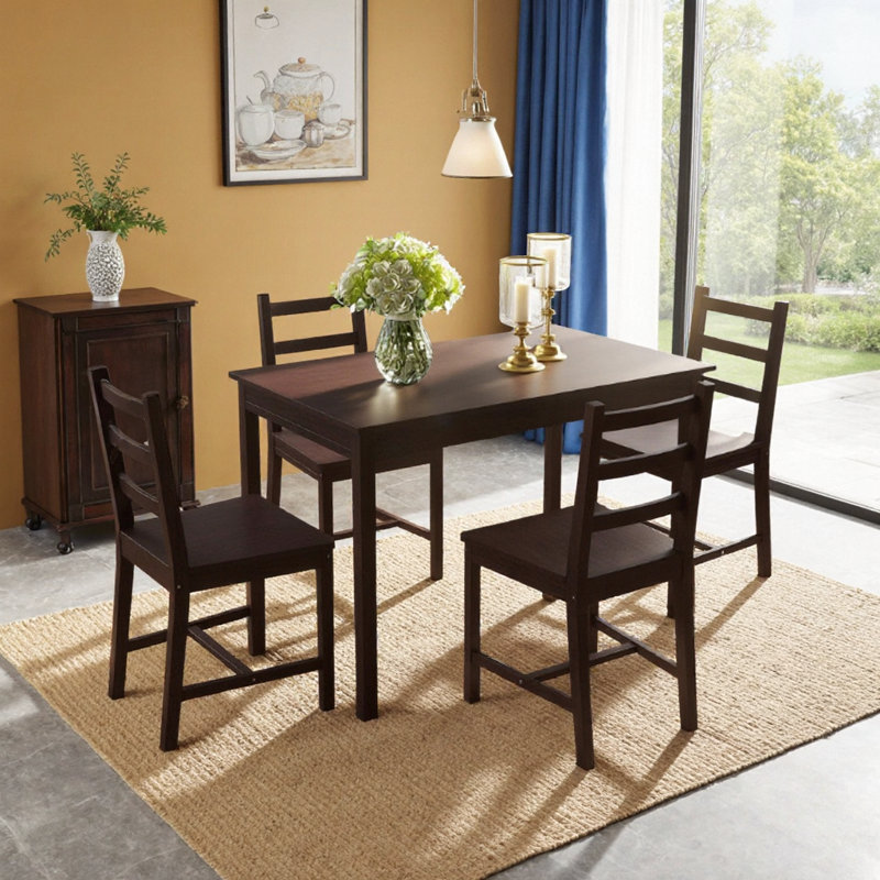 Ensemble de table de salle à manger moderne en bois massif avec 4 chaises à haut dossier, ensemble de salle à manger en bois de pin rustique