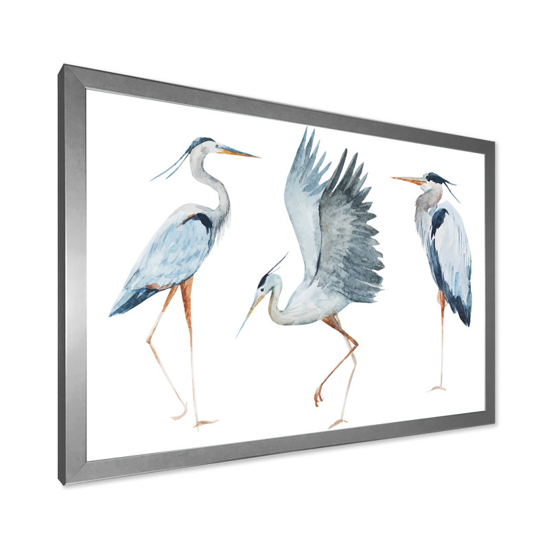 Heron oiseaux II - peinture sur toile encadrée, Encadrement argenté, H 30 po x l 40 po x 1,5 po