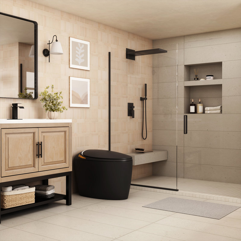 Unique Smart One-Piece Toilet With Bidet, Auto Seat, Foot Sensor, LED Display, Warm Water & Dryer, Black