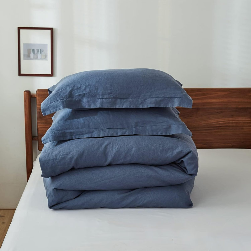Ensemble de housse de couette 100% lin, Housse de couette très grand + 2 taies d'oreiller, Bleu classique