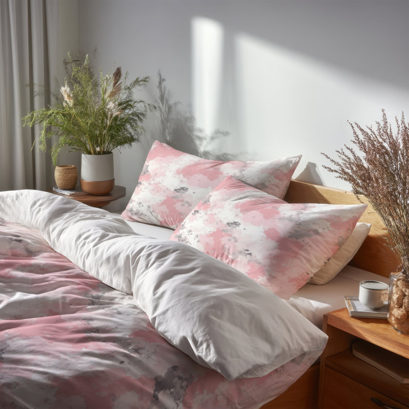 Ensemble de housse de couette à motif abstrait filles 3 - Ensemble de literie et coussin décoratif neutre rose et gris