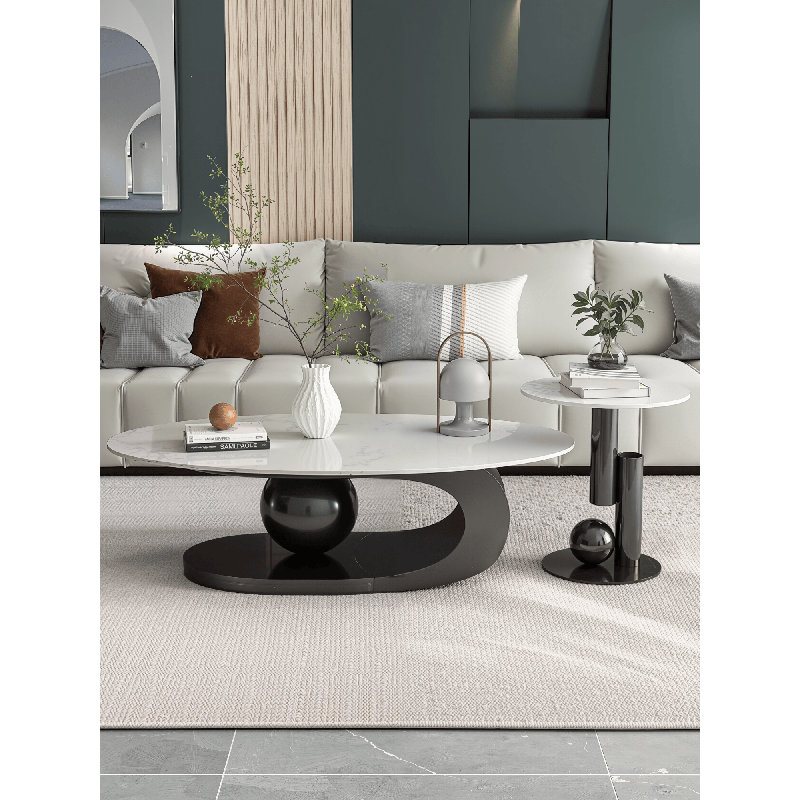 Coffee Table Set 51"Oval Sintered Stone & 19.7"Round Table Steel Sphere+C-Base for Room/Studio