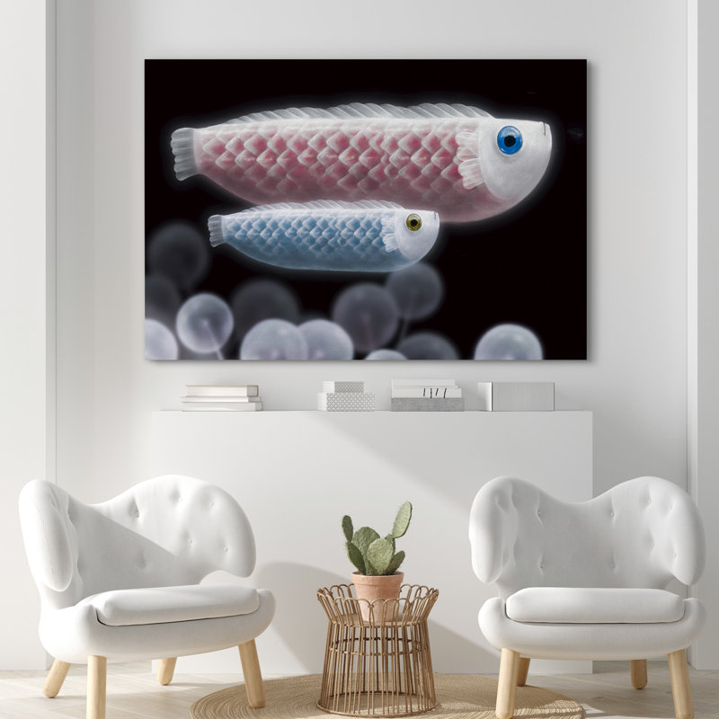 Animaux nautiques, rose, bleu, mignon, poisson, noir, Moody, animaux marins côtiers, Toile tendue, H 16 po x l 24 po