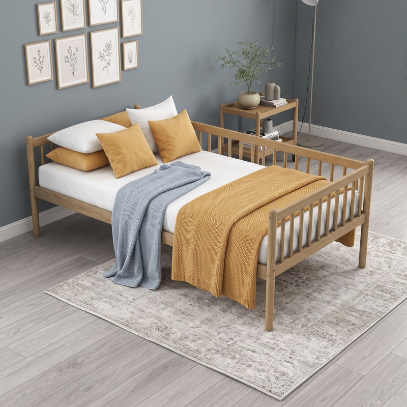 Lit de jour simple en bois avec garde-corps à trois côtés, Naturel
