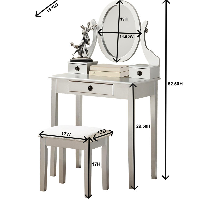 Coiffeuse et tabouret en bois blanc avec 3 espaces de rangement et miroir réglable, composé de compartiments.