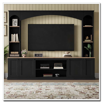 Elegant Arched Entertainment Center Wall Unit with Bookshelf, Farmhouse TV Stand with Wood Grain for TVs Up to 70"