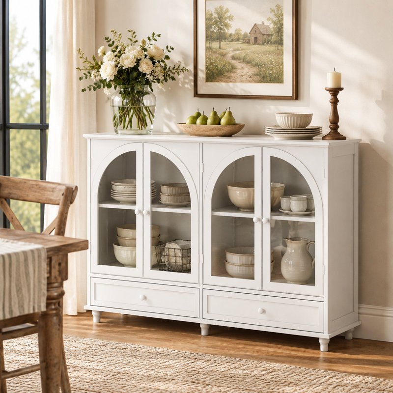Buffet en verre arqué avec tiroirs Olmsted, Blanc