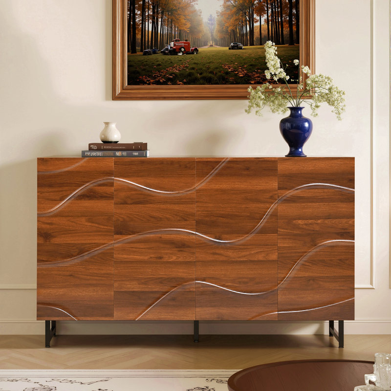 Modern Art Solid Wood Sideboard,59*16*35Inch, Wave Relief Design, Walnut Texture, Iron Legs