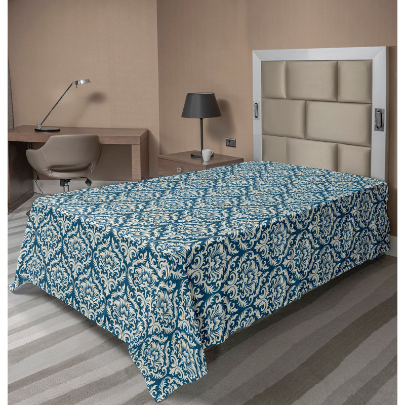 Ambesonne Top Flat Sheet Curving Art, White Blue Damask, Twin XL Flat Sheet