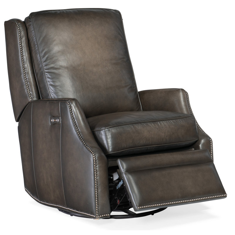 Kerley Gray Leather Swivel Recliner with Nailhead Trim