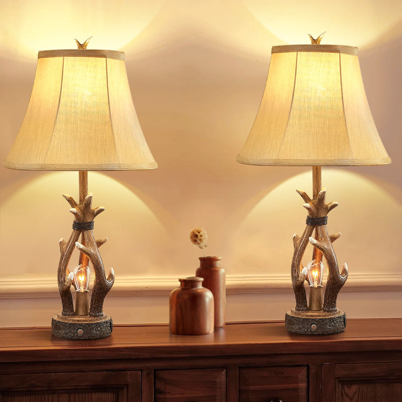 Lampes de table en bois 25 po avec USB et veilleuse à 3 voies