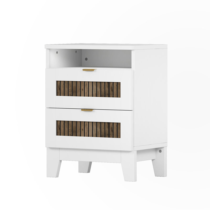 White and Brown Wooden 2-Drawer Farmhouse Nightstand