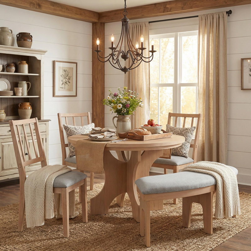 Ensemble de table de salle à manger 5 pièces avec chaises rembourrées et banc incurvé, Naturel