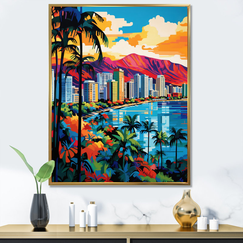 «Yendy City Honolulu Popart II», reproduction sur toile, H 40 po x l 30 po x P 1,5 po, Cadre flottant doré
