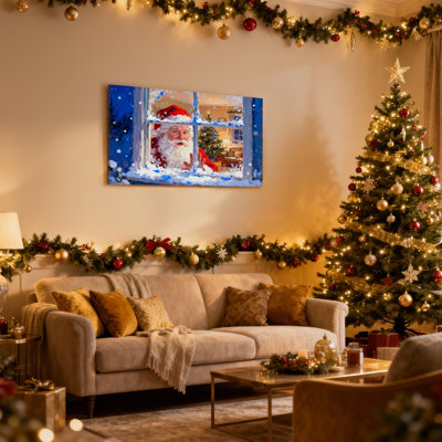Christmas Santa Claus Peering Through Snowy Window Set of 3 Canvas Wall Art Prints