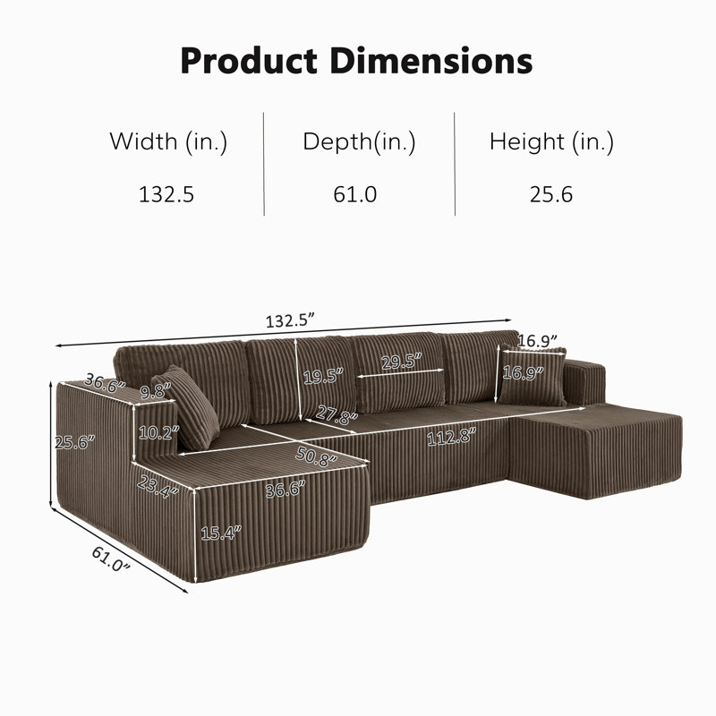 Boneless Oversized Modular Sectional Sofa, 3-piece Foam Couch With Flexible Layout, No Assembly Required, Brown Corduroy
