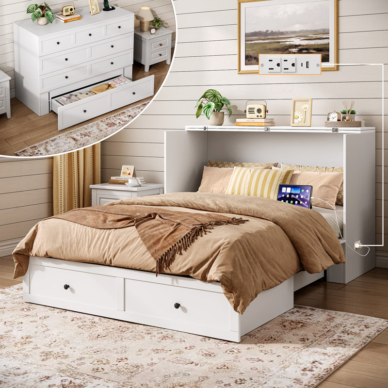 Modern Murphy Bed Cabinet With Storage And Charging Station, Murphy Beds For Bedroom, Guest Room, Home Offices, Full
