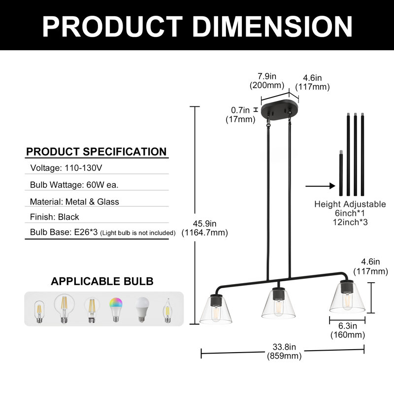 Luminaire suspendu pour îlot de cuisine 3 lumières Aigars, Clair