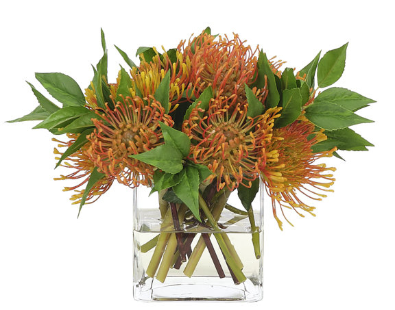 Protea, Orange Glass Cube, 13wx12dx9h