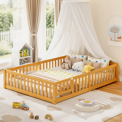 Twin Solid Wood Toddler Bed, Kids Floor Bed, Montessori Floor Bed With Guardrail,Natual Wood