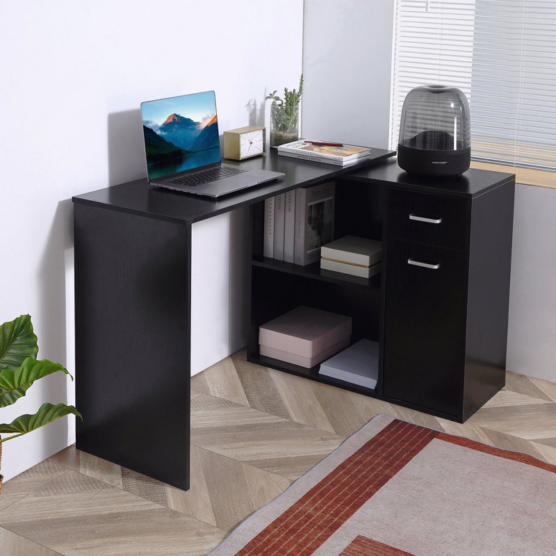 L Shaped Computer Desk, 180Â° Rotating Corner Desk With Storage Shelves, Drawer And Cabinet, Study Workstation For Home Office
