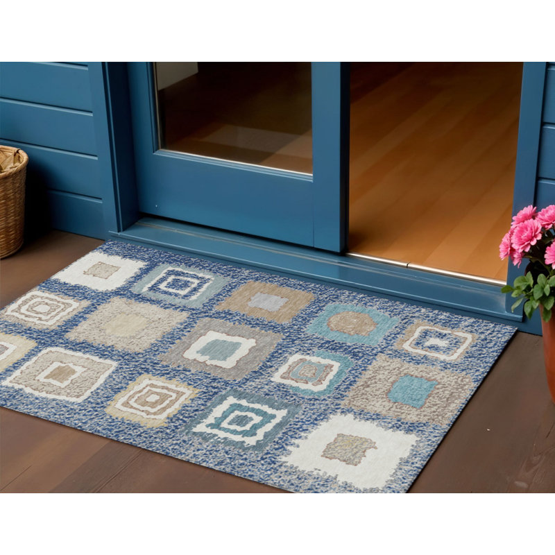 Tapis d'intérieur / extérieur géométrique lavable beige / ivoire 3 pi x 5 pi