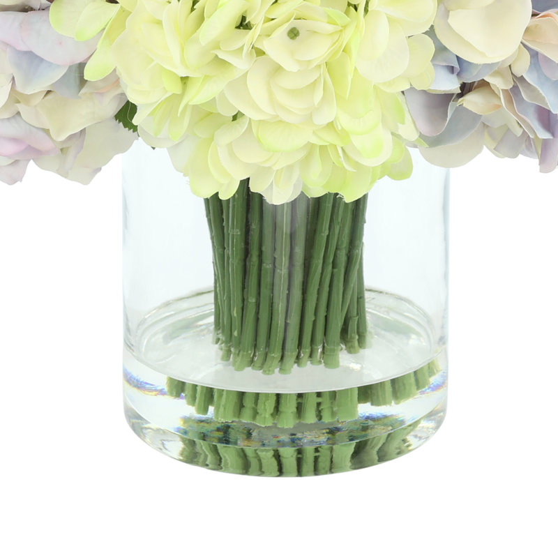 Faux Floral Arrangement with Hydrangeas and Heather, Purple, 18" H x 15" W x 15" D