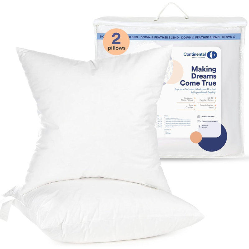 Ensemble de 2 coussins carrés carrés blancs 100% coton, 80% duvet et 20% plumes, plusieurs tailles, 18 po x 18 po