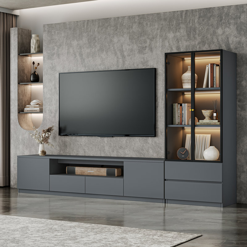 Crafton  Modern 102'' Gray Entertainment Center With Bookshelves For 55/58/65/70/75 Inch TV, Wood Media Console Living Room Cabinet Set Includes TV Console With Storage And Glass Display Shelves With Lights