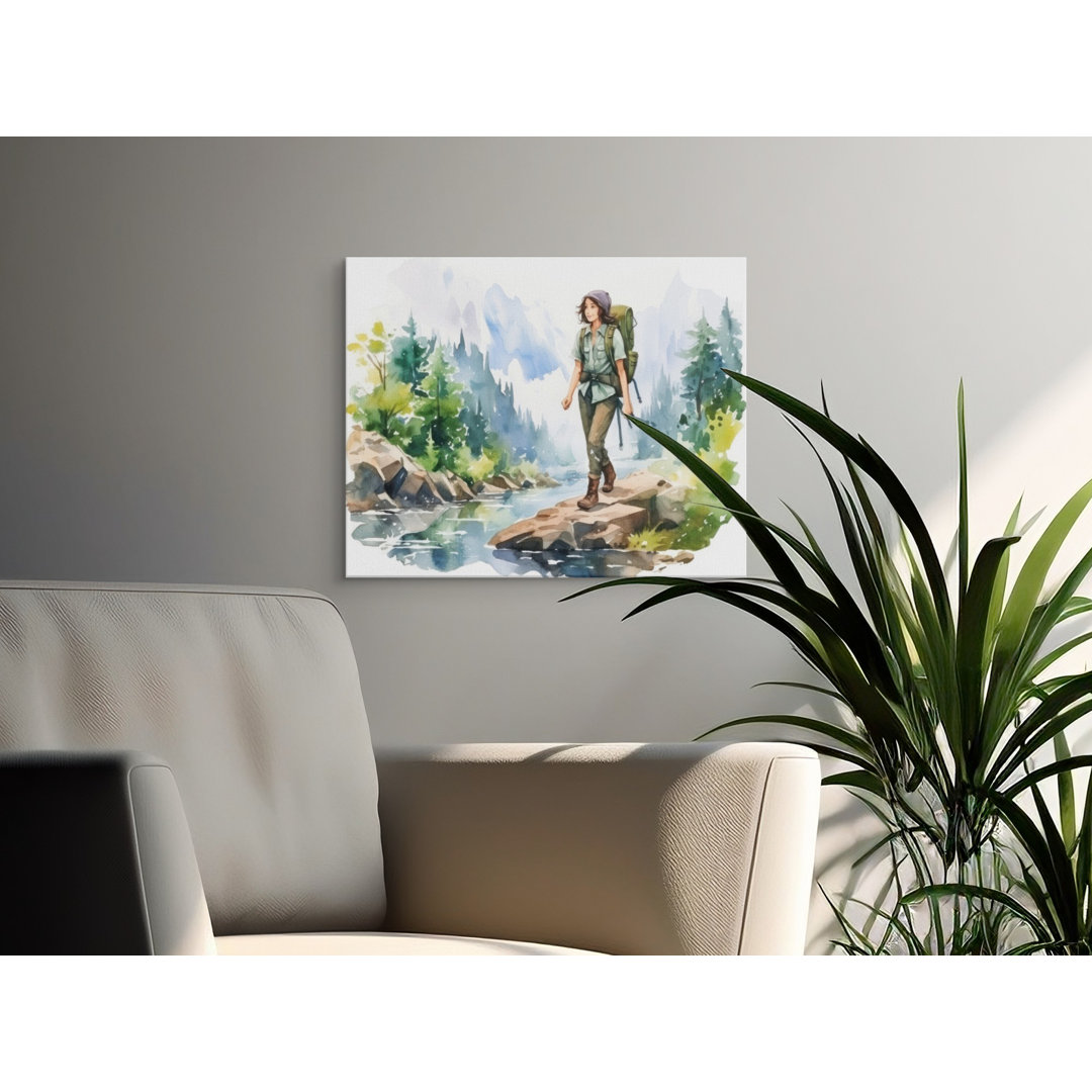 Watercolor Hiker Forest Landscape Canvas Print