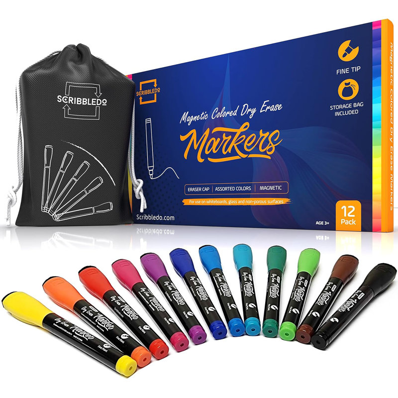 Coloured Magnetic Markers Set Of 12 W/ Bag