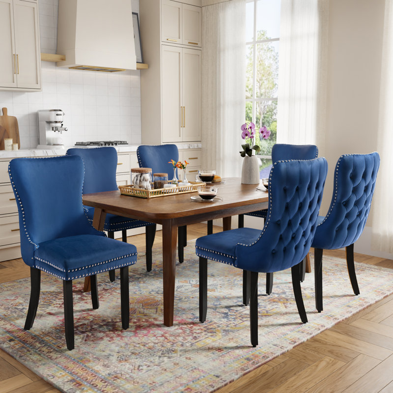 Velvet Kitchen Upholstered Dining Chairs Side Chairs Set of 6, Navy, 6