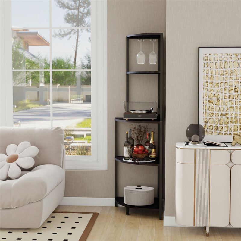 5 Tier Corner Shelf With LED Light And USB Plug, With Glass Holder, Tall Standing Shelf For Wall Corner, Narrow Bookshelf