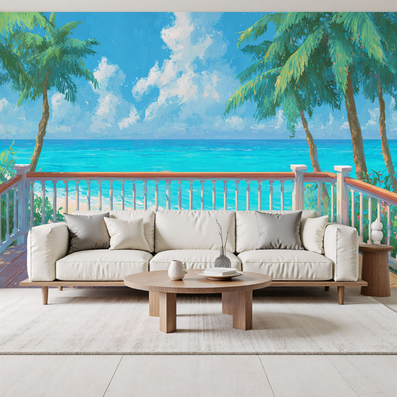 Papier peint adhésif tropical Tropical Sea Paradise Beach Villa Terrace View Blue Ocean, L 96 po x l 69 po