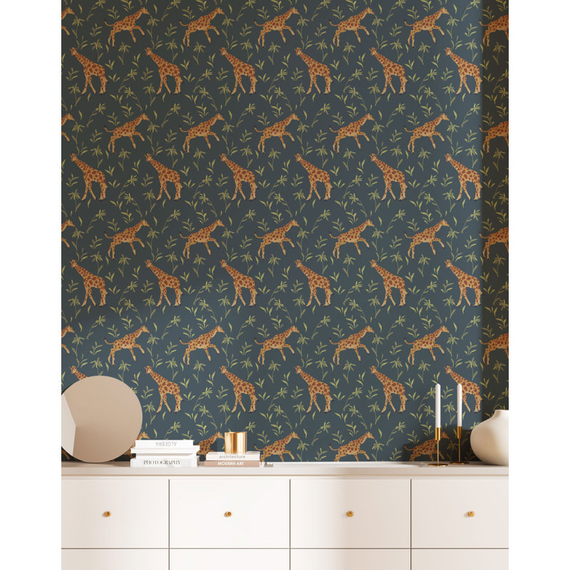 Gentle Giraffe Wallpaper, Self-Adhesive, Denim Garden