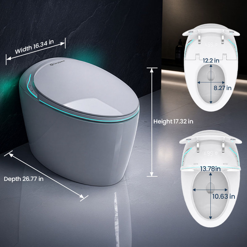 Toilettes bidet intelligentes Sanyipace, hauteur confort ADA, chasse d'eau puissante MaP 1000 g, ouverture et fermeture automatiques, capteur de pied pour hommes, séchoir à air chaud intégré et siège de toilette entièrement automatique.