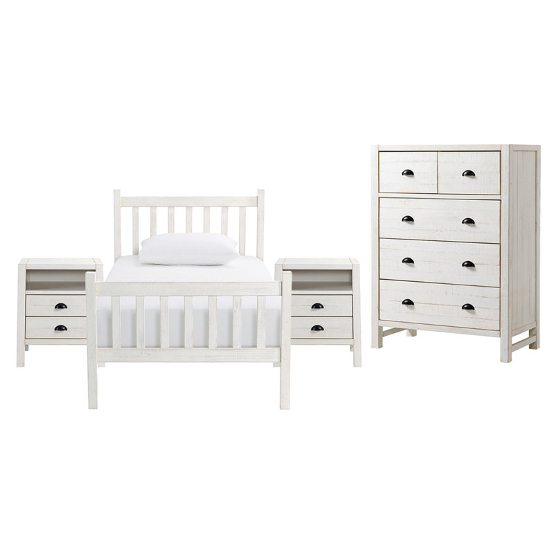 Ensemble de chambre à coucher 4 pièces Windsor avec commode à 5 tiroirs Windsor, Blanc, Simple