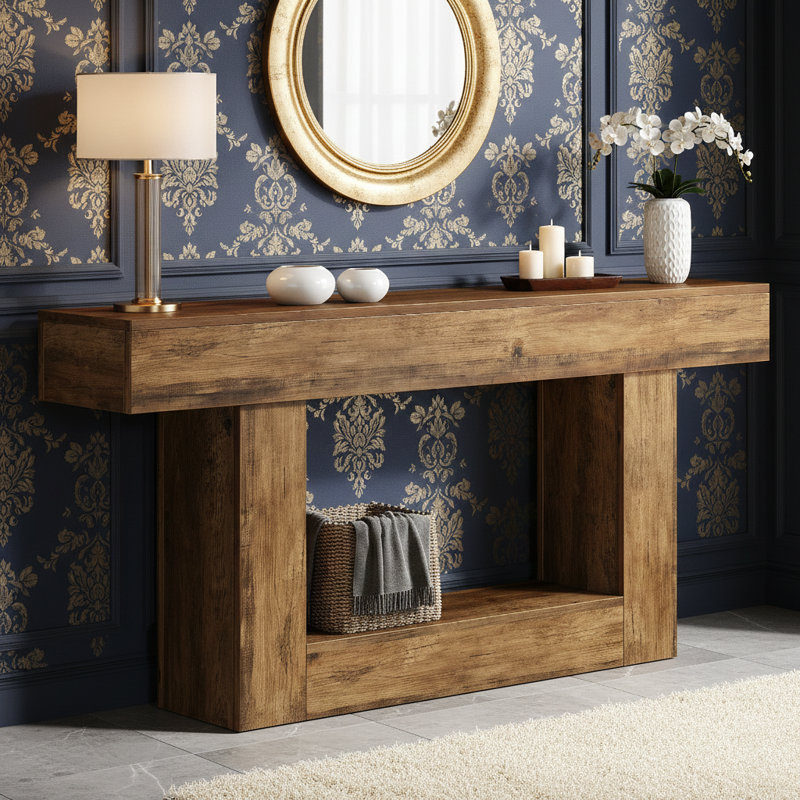 63" Wooden Console Table, Farmhouse 2-Tier Sofa Table Entryway Table, Rustic Brown