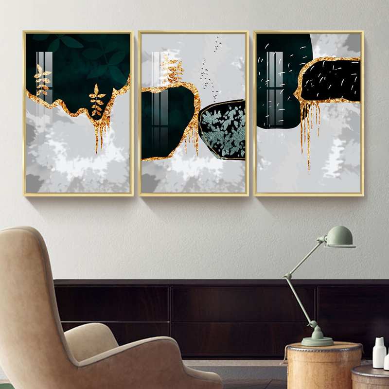 Abstrait - ensemble de 3 reproductions d'art sur toile encadrées, L 49 po x H 25 po, Or