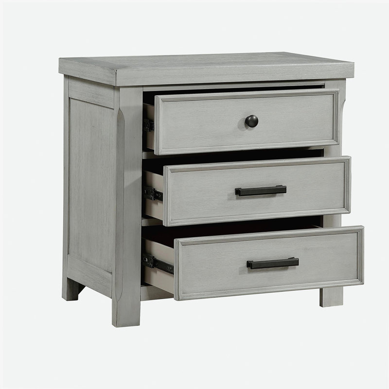 1 table de chevet à finition gris clair avec 3 tiroirs de rangement pour meubles de chambre à coucher en bois de style campagnard