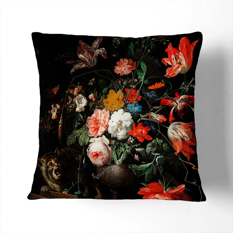 Cat And Flowers Square Throw Cushion, 40cm H x 40cm W x 15cm D