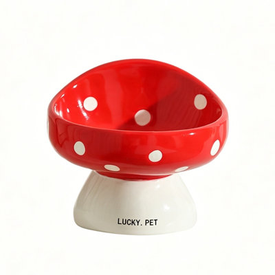Elevated Tilted Mushroom Ceramic Pet Bowl, Neck Support Anti-Vomit Cat Food Water Bowl, Cute Red Polka Dot Raised Feeding Dish for Kittens Small Dogs, Non-Spill Slanted Pet Feeder Bowl
