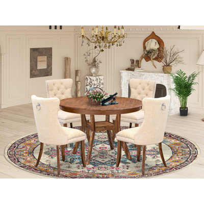 5-Piece Dining Table Set with Polyester Fabric 4 dining room chairs, Button-Tufted Backs, and a Round Table (Finish Option)