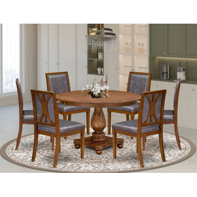 7-Piece Dining Room Set includes a Round Dining Table and 6 Dark Grey Faux Leather Chairs with stylish Back, Antique Walnut Finish.