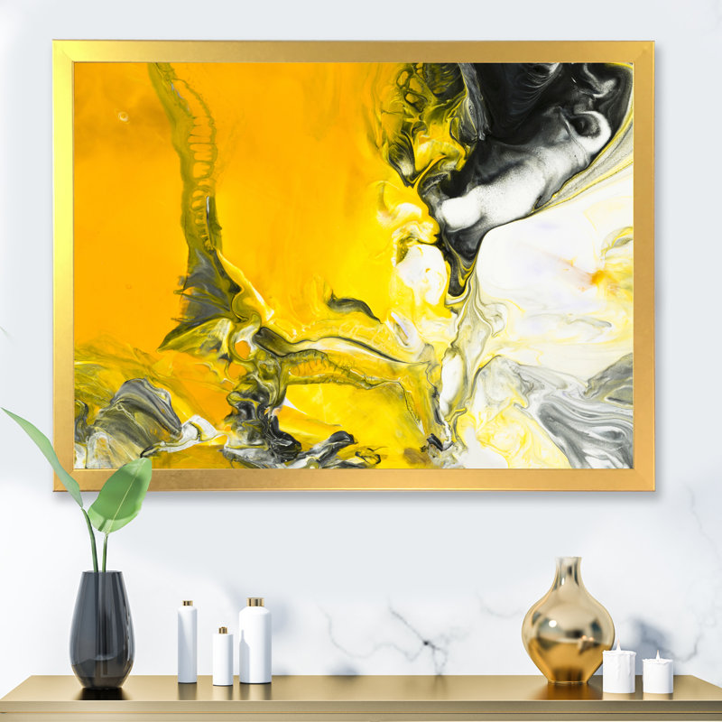 Jaune jaune, noir et blanc liquide, art - peinture sur toile, H 24 po x l 32 po x P 1 po, Cadre doré à coins fermés